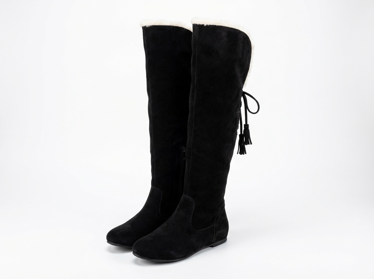 Botte haute noir Daim Femme - Santiags noires à bordure en fourrure