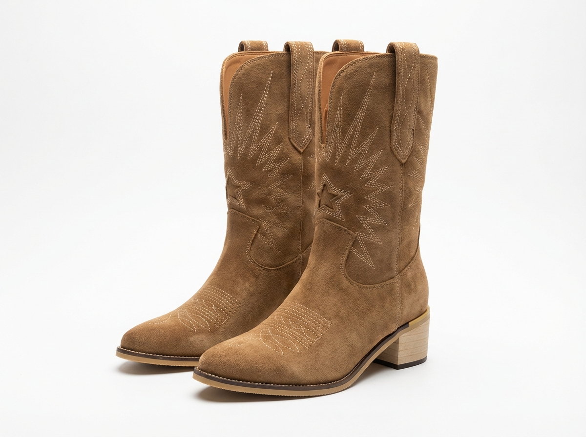 Santiag mi-haute marron clair PU Femme - Broderies western et texture daim élégante