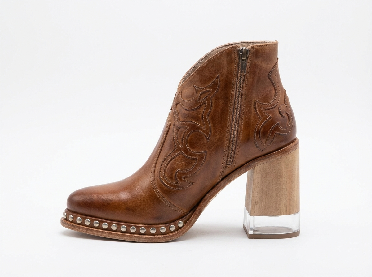 Santiag basse marron clair Simili Cuir Femme - Santiags modernes avec clous décoratifs 2