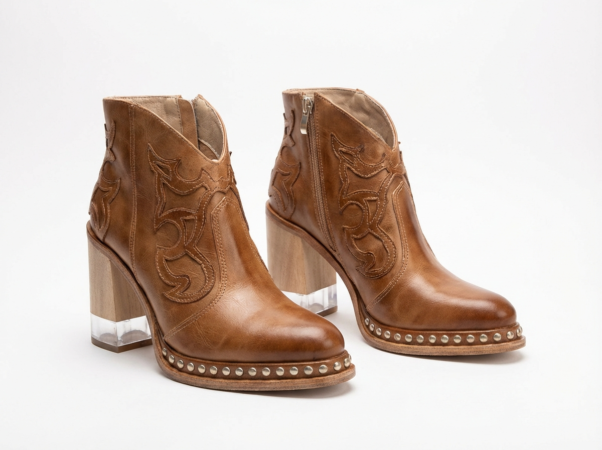 Santiag basse marron clair Simili Cuir Femme - Santiags modernes avec clous décoratifs