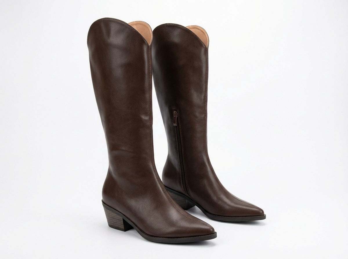 Santiag mi-haute marron Simili Cuir Femme - Bout pointu avec talon carré moderne
