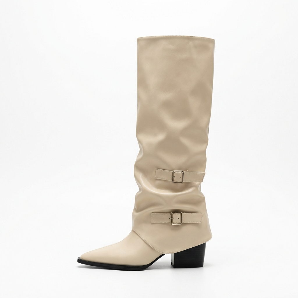 Santiag haute beige Simili Cuir Femme - Style élégant avec boucles latérales 2