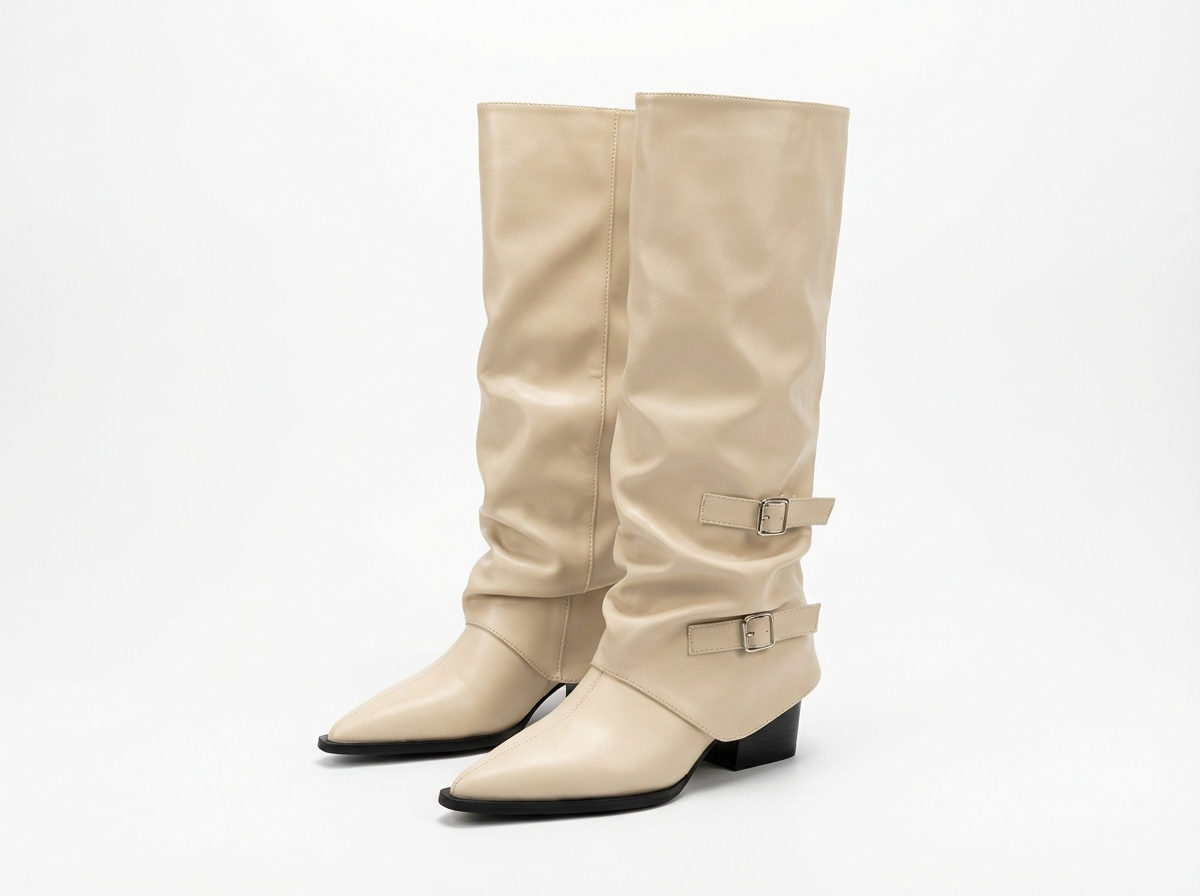 Santiag haute beige Simili Cuir Femme - Style élégant avec boucles latérales