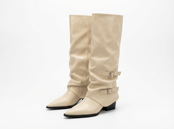 Santiag haute beige Simili Cuir Femme - Style élégant avec boucles latérales - three_quarter_view