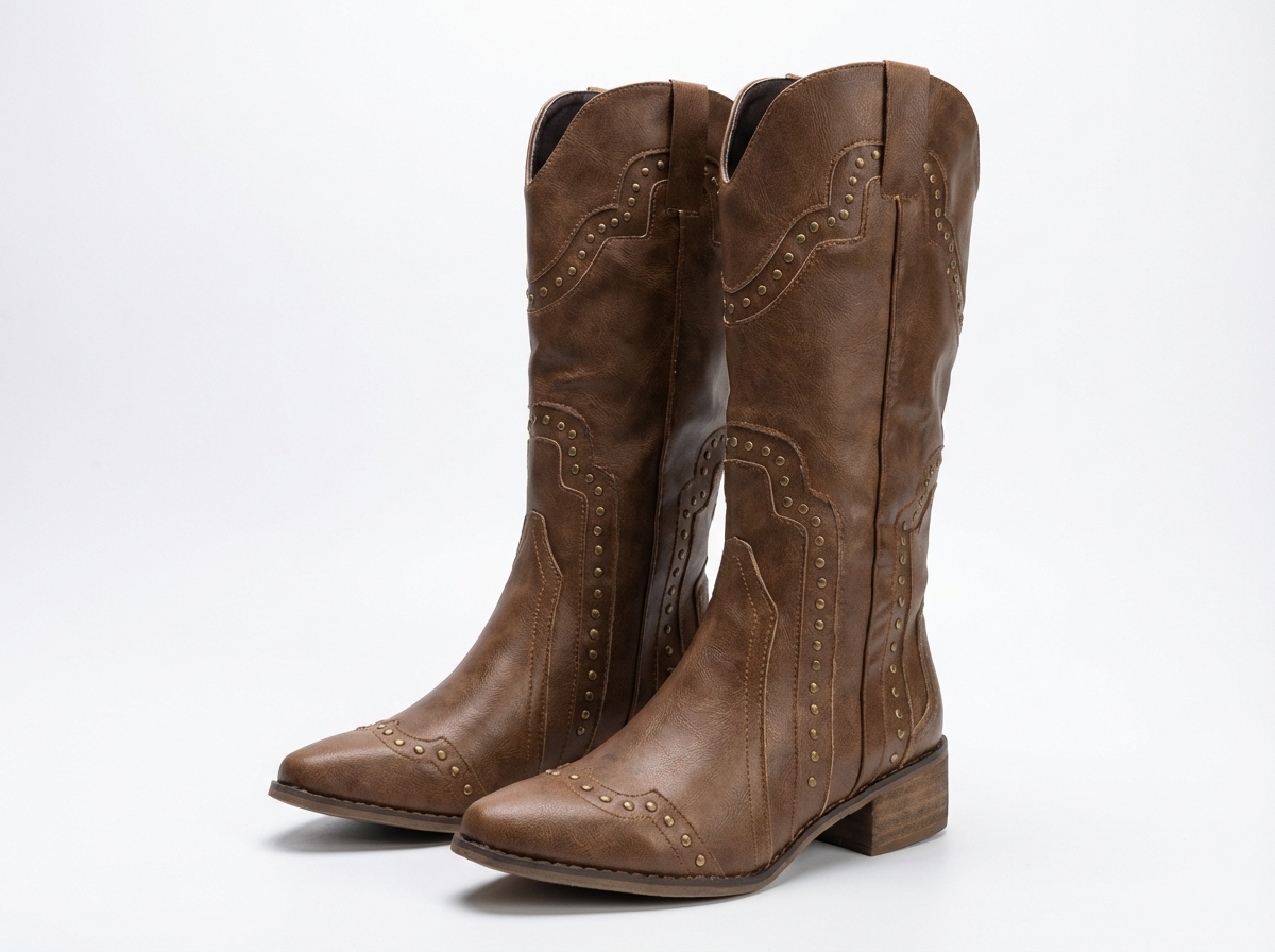 Santiag haute marron Simili Cuir Femme - Bout pointu, clous métalliques, style western