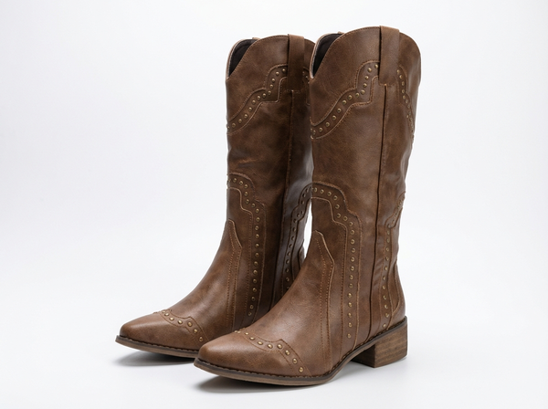 Santiag haute marron Simili Cuir Femme - Bout pointu, clous métalliques, style western