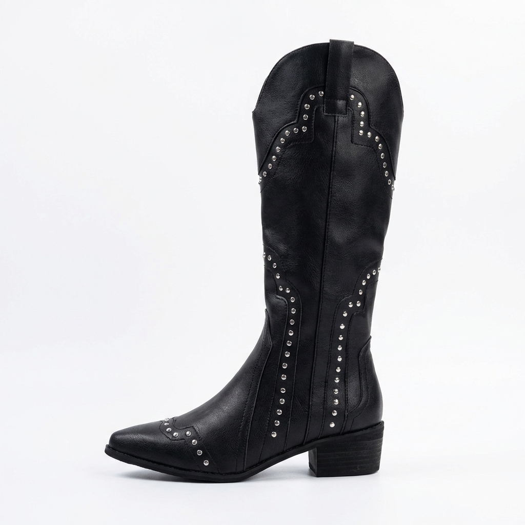 Santiag haute noir Simili Cuir Femme - Clous et couture pour style western 2