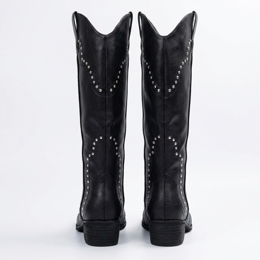 Santiag haute noir Simili Cuir Femme - Clous et couture pour style western 8