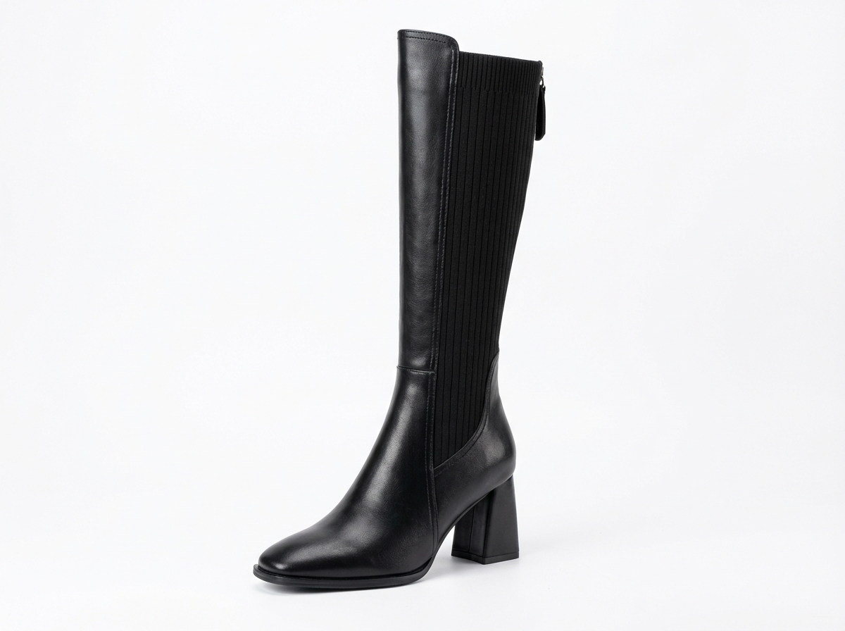 Botte haute noir Simili Cuir Femme - Style western moderne avec talon carré
