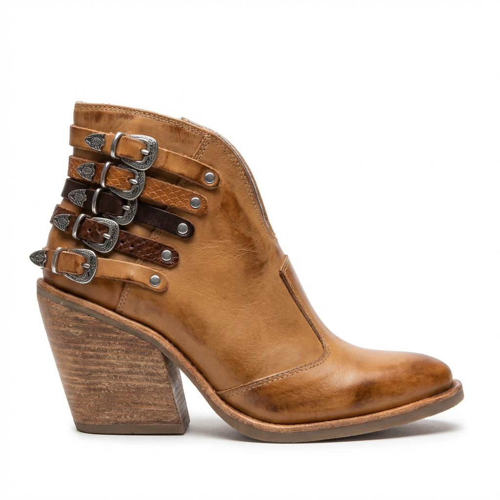 Santiag basse camel Cuir Femme - Bottes camel avec boucles métalliques 2