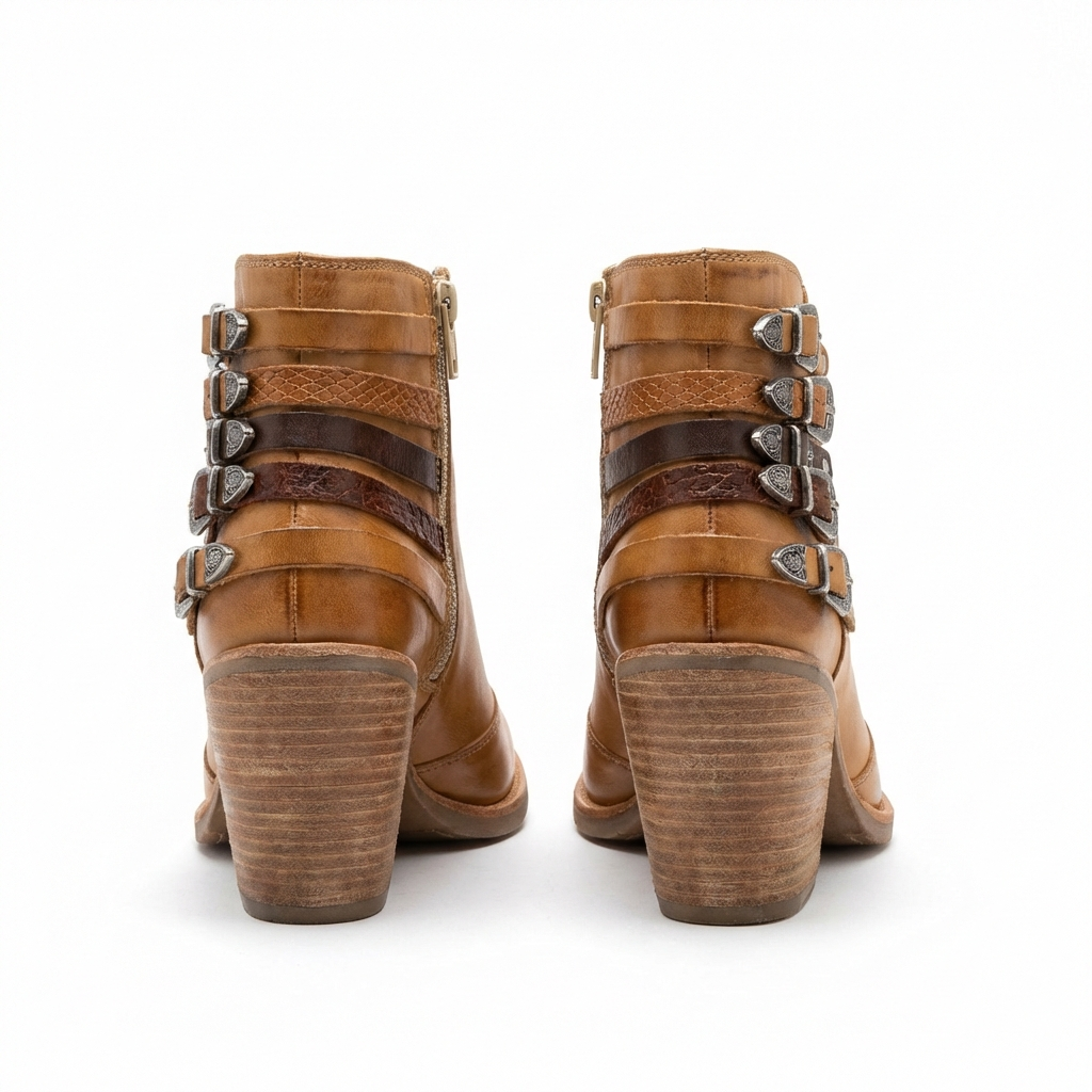 Santiag basse camel Cuir Femme - Bottes camel avec boucles métalliques 3