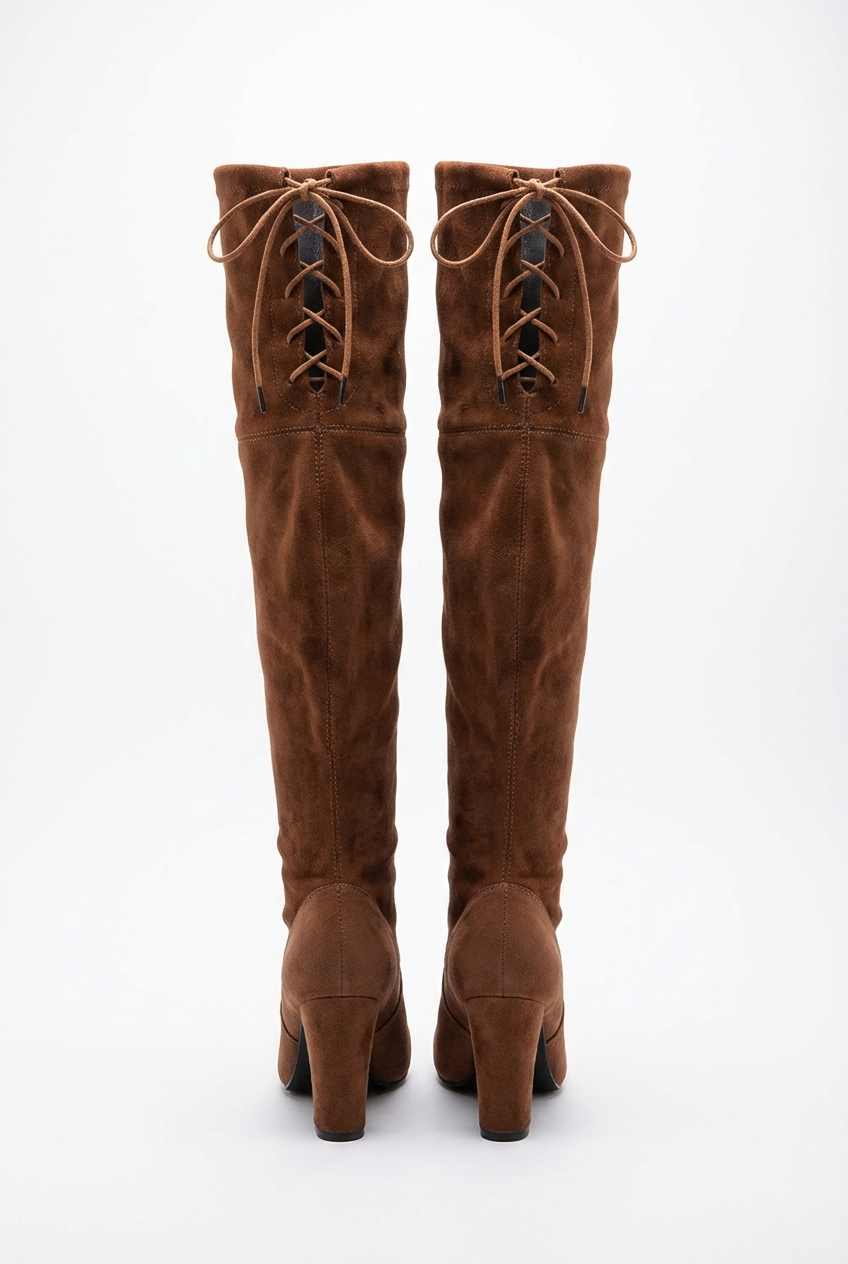 Botte haute marron Daim Synthétique Femme - Santiag cuissardes marron aux lacets arrière 3