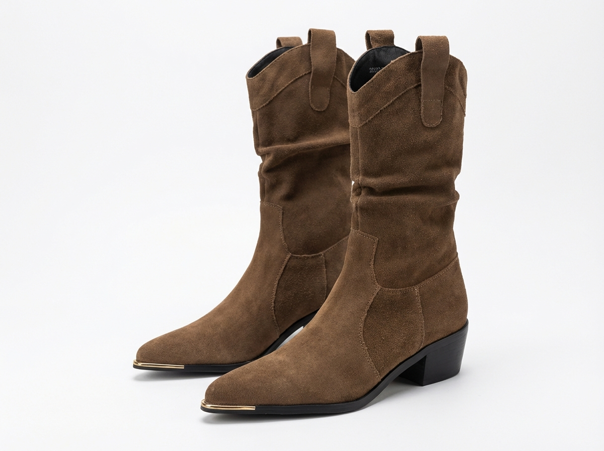 Santiag mi-haute marron Daim Synthétique Femme - Bout pointu avec faux métal élégant