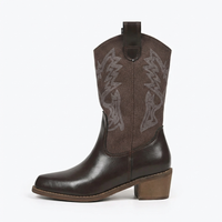 Santiag mi-haute marron Simili Cuir Femme - Broderies western et talons carrés élégants 2