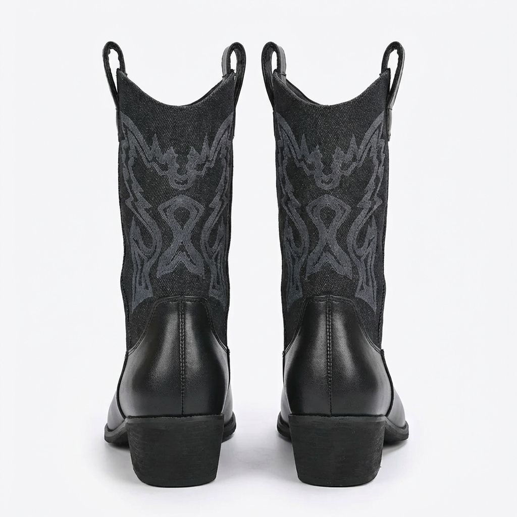Santiag mi-haute noir Simili Cuir Femme - Broderie élégante et talon carré 5