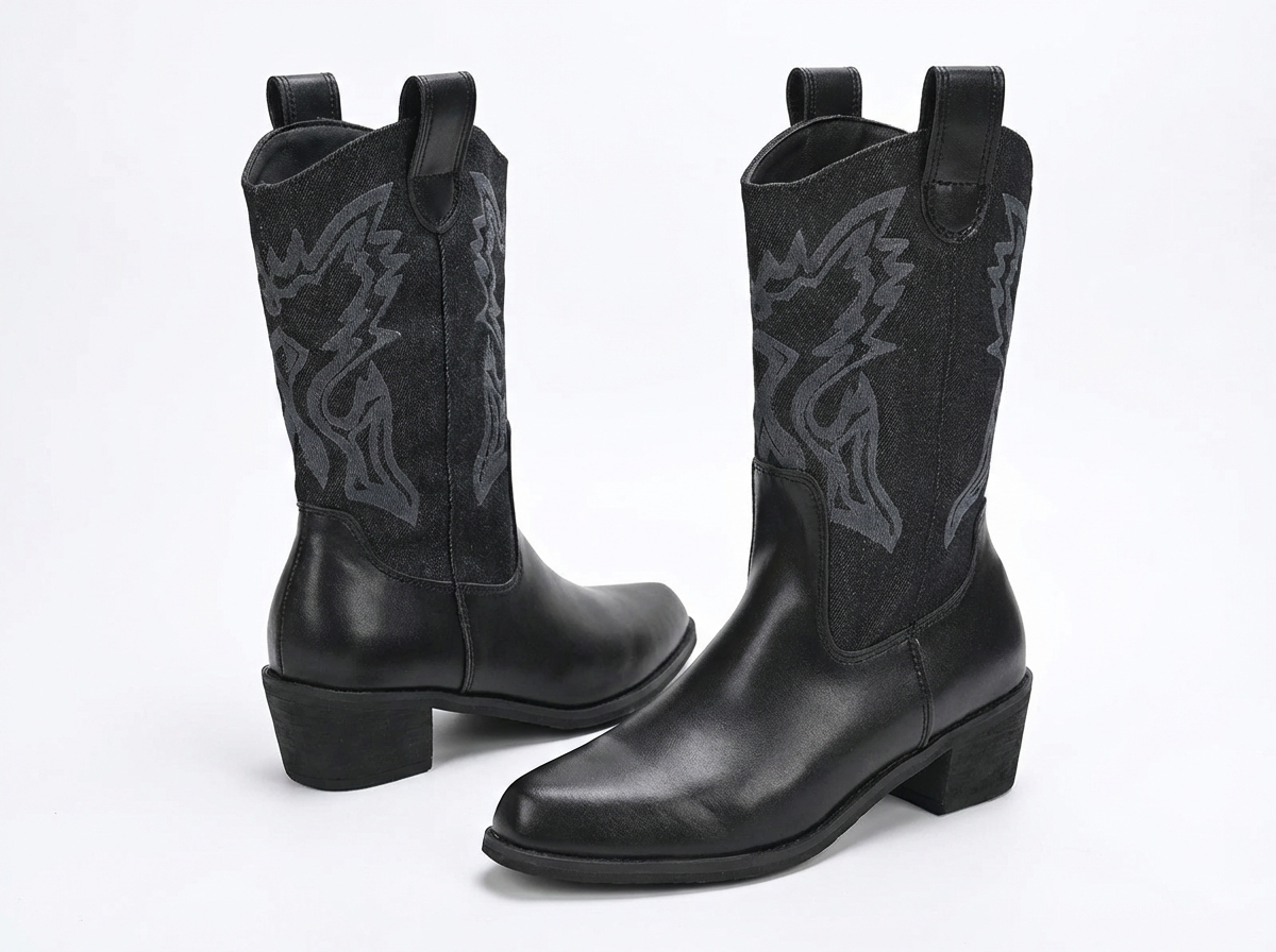 Santiag mi-haute noir Simili Cuir Femme - Broderie élégante et talon carré