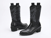 Santiag mi-haute noir Simili Cuir Femme - Broderie élégante et talon carré 1
