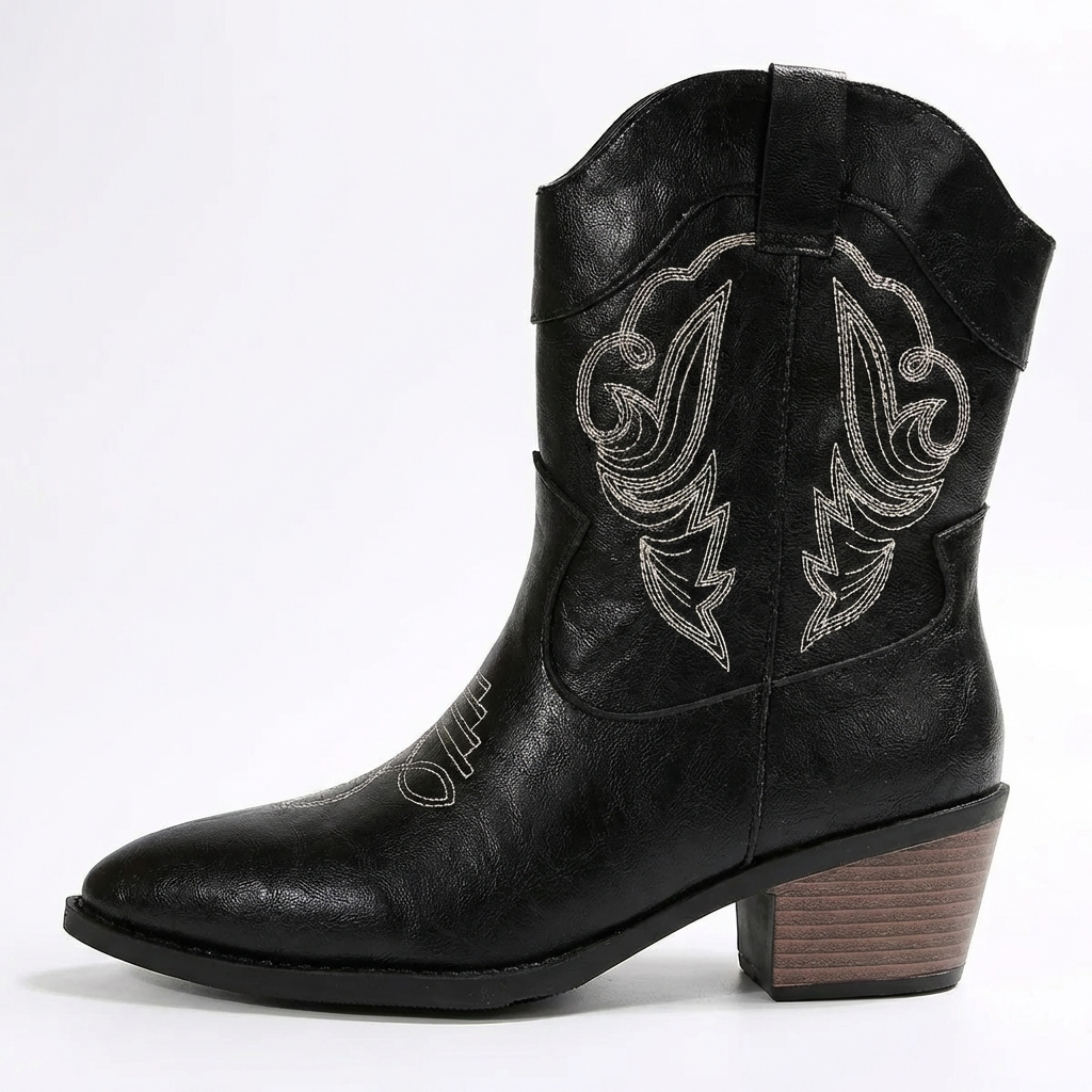 Santiag mi-haute noir Simili Cuir Femme - Broderies élégantes et talon cubain classique 2