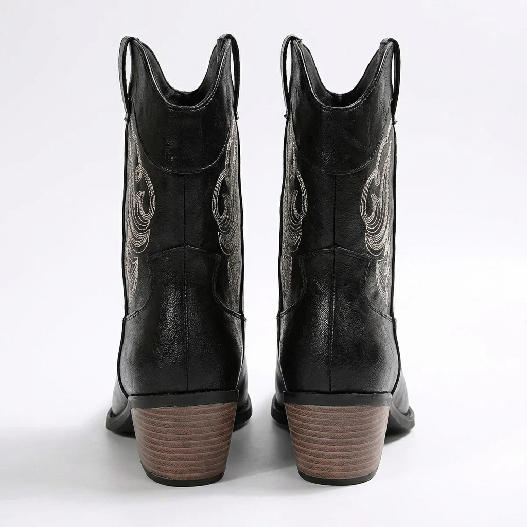 Santiag mi-haute noir Simili Cuir Femme - Broderies élégantes et talon cubain classique 4