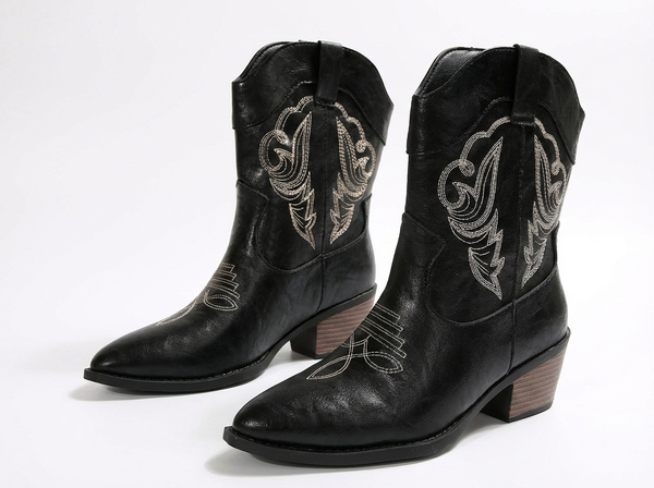 Santiag mi-haute noir Simili Cuir Femme - Broderies élégantes et talon cubain classique