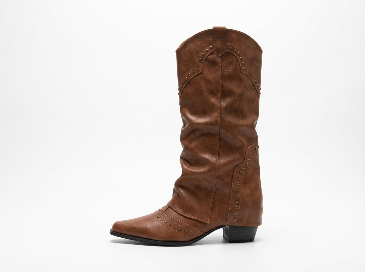 Santiag haute marron Simili Cuir Femme - Bottes western cloutées à bout pointu 2