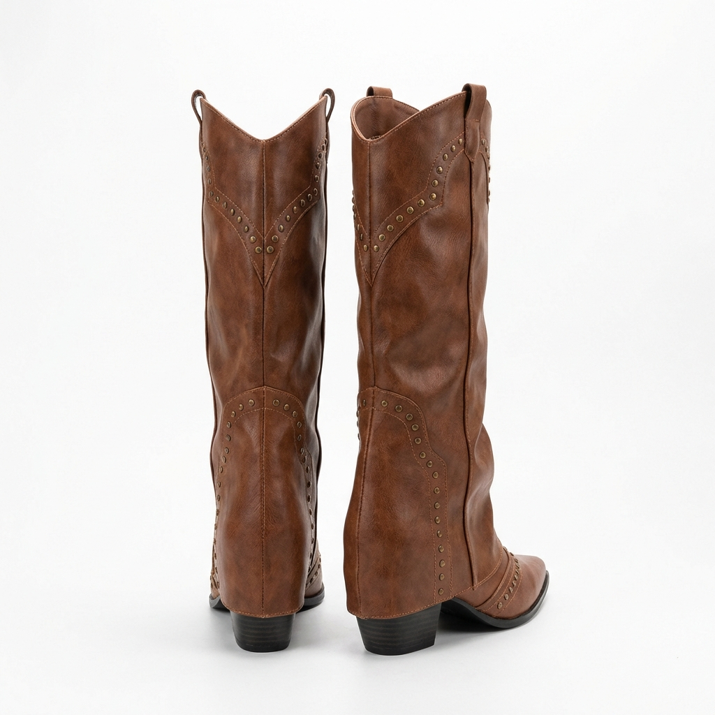 Santiag haute marron Simili Cuir Femme - Bottes western cloutées à bout pointu 4