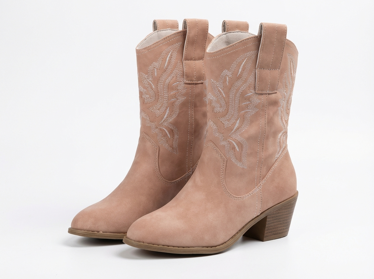 Santiag mi-haute beige Simili Cuir Femme - Broderies florales et talon élégant