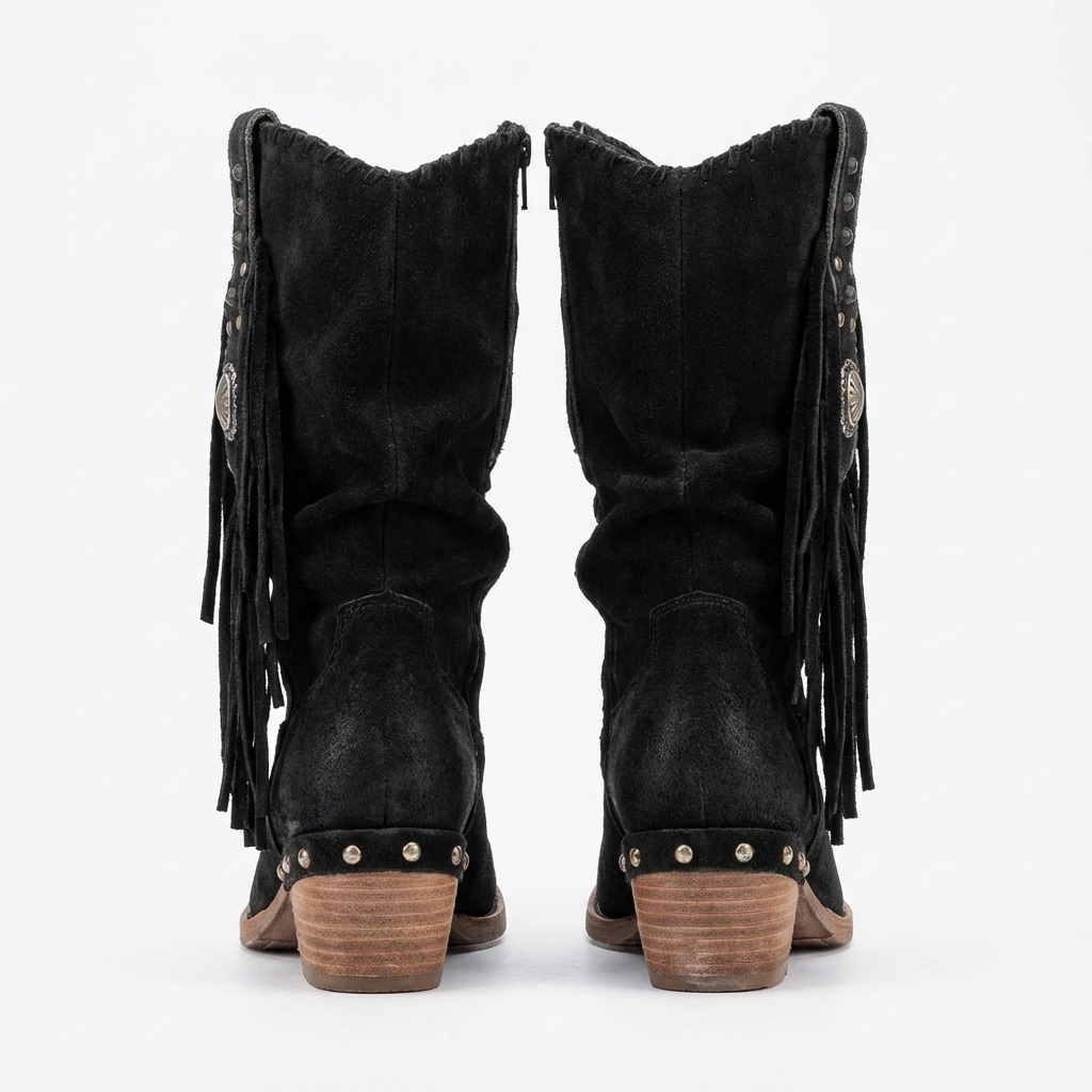 Santiag mi-haute noir Daim Synthétique Femme - Franges et clous pour un look western 3