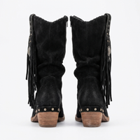 Santiag mi-haute noir Daim Synthétique Femme - Franges et clous pour un look western 3