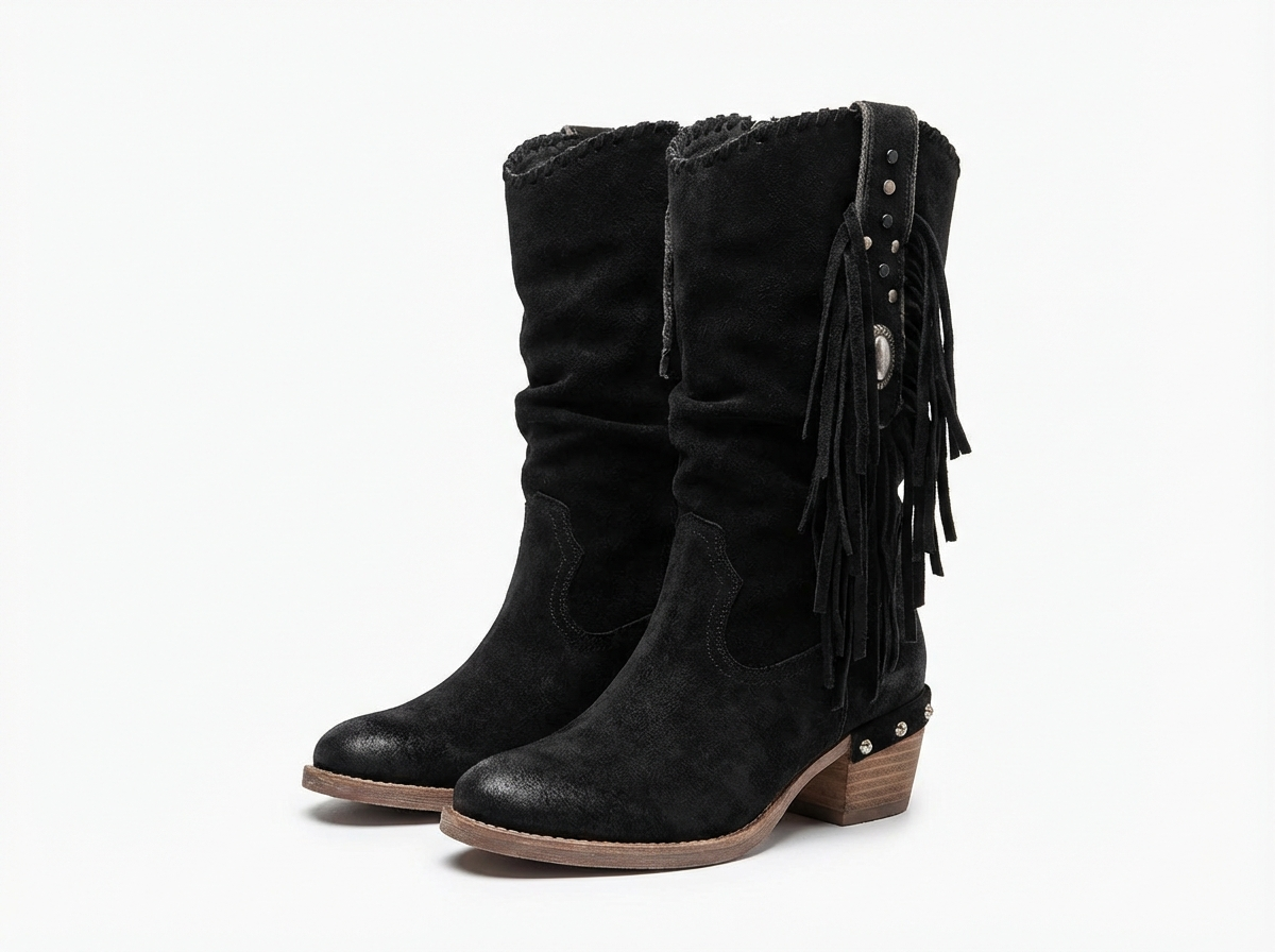 Santiag mi-haute noir Daim Synthétique Femme - Franges et clous pour un look western 4