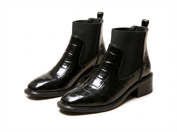 Bottine chelsea noir Synthétique Femme - Motif crocodile brillant bout carré chic - three_quarter_view