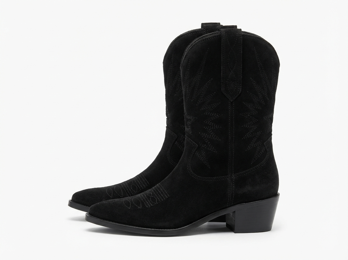 Santiag mi-haute noir Daim Synthétique Femme - Bling-bling avec broderies géométriques élégantes 2