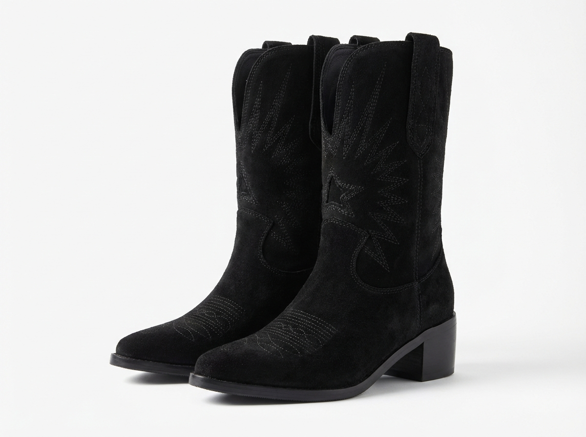Santiag mi-haute noir Daim Synthétique Femme - Bling-bling avec broderies géométriques élégantes
