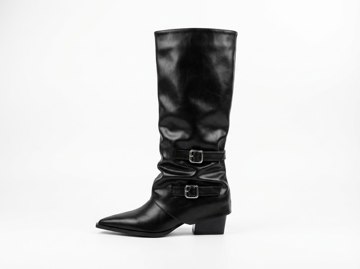 Santiag haute noir Simili Cuir Femme - Bout pointu avec boucles élégantes 2