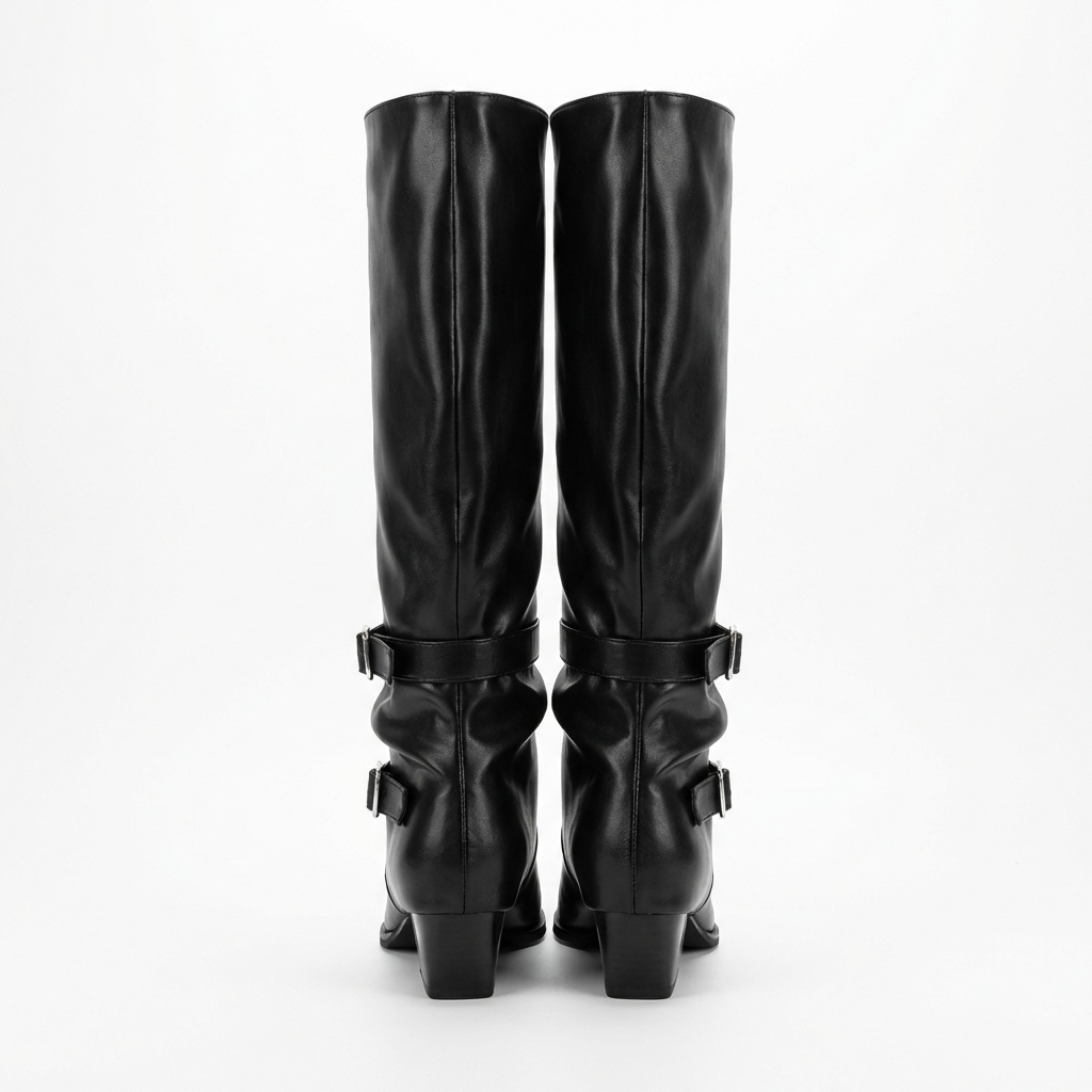 Santiag haute noir Simili Cuir Femme - Bout pointu avec boucles élégantes 5