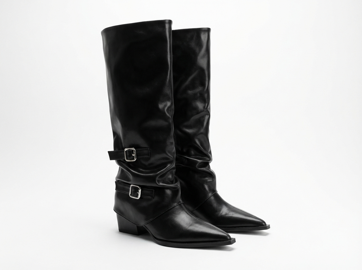 Santiag haute noir Simili Cuir Femme - Bout pointu avec boucles élégantes