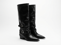 Santiag haute noir Simili Cuir Femme - Bout pointu avec boucles élégantes 1