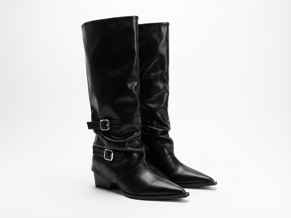 Santiag haute noir Simili Cuir Femme - Bout pointu avec boucles élégantes - three_quarter_view