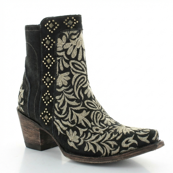 Santiag mi-haute noir Synthétique Femme - Broderies florales dorées et cloutées distinctives