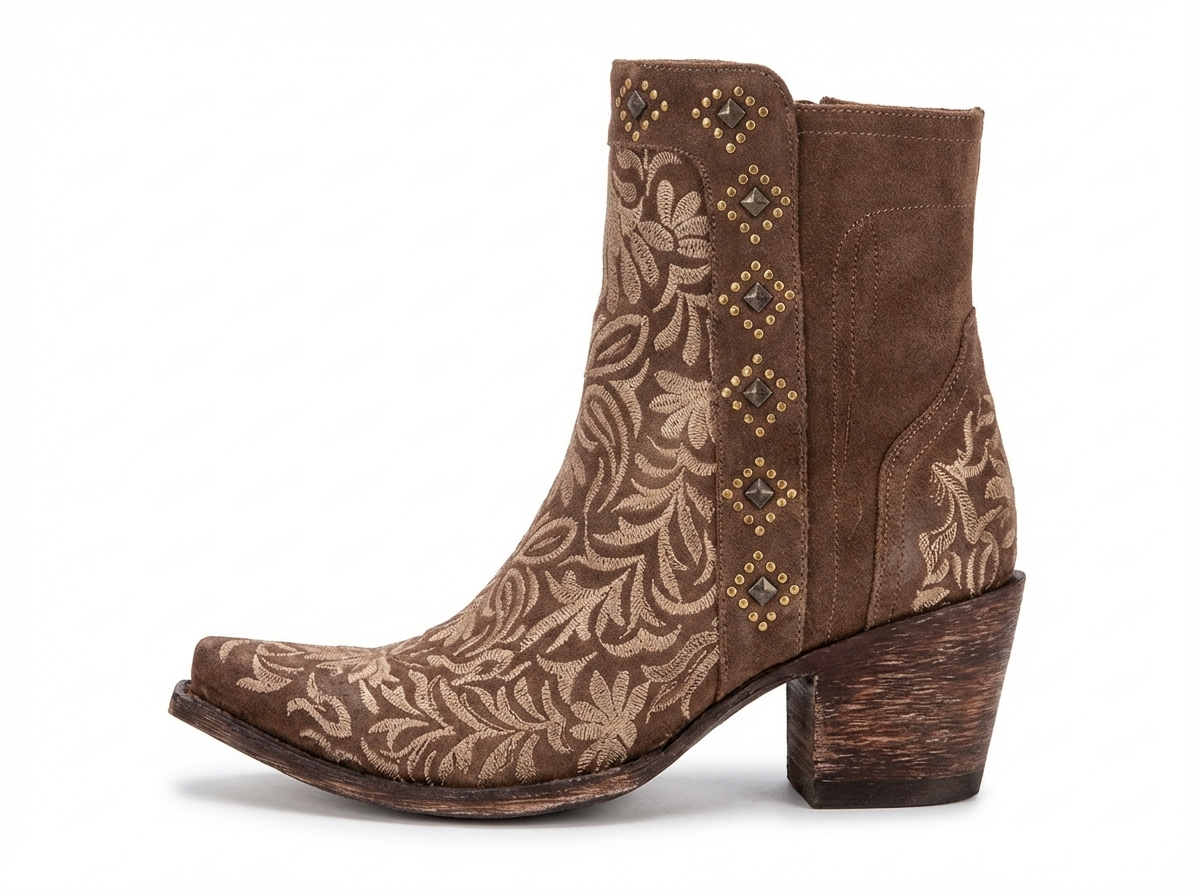 Santiag mi-haute marron Simili Cuir Femme - Broderies florales et clous métalliques élégants 2