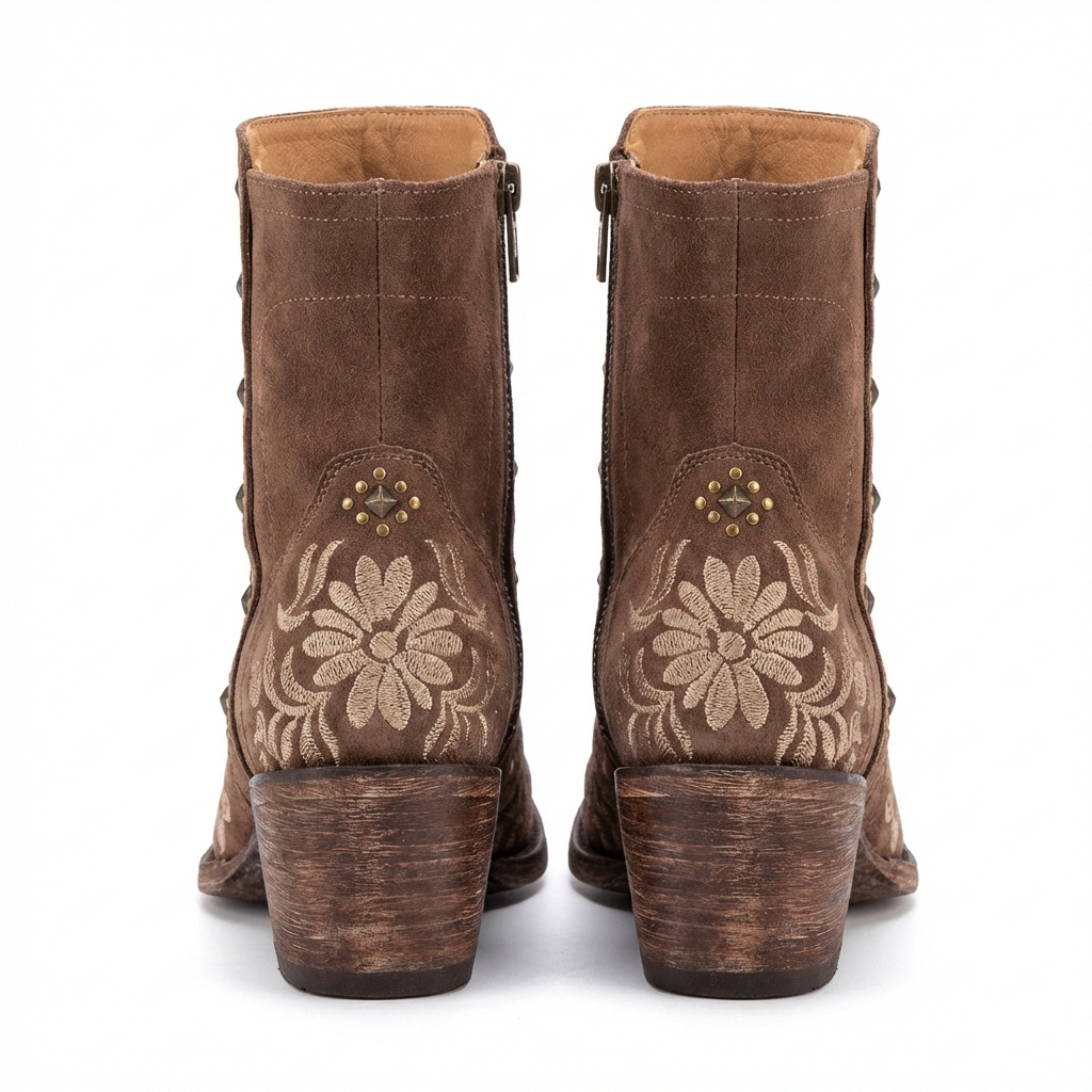 Santiag mi-haute marron Simili Cuir Femme - Broderies florales et clous métalliques élégants 4