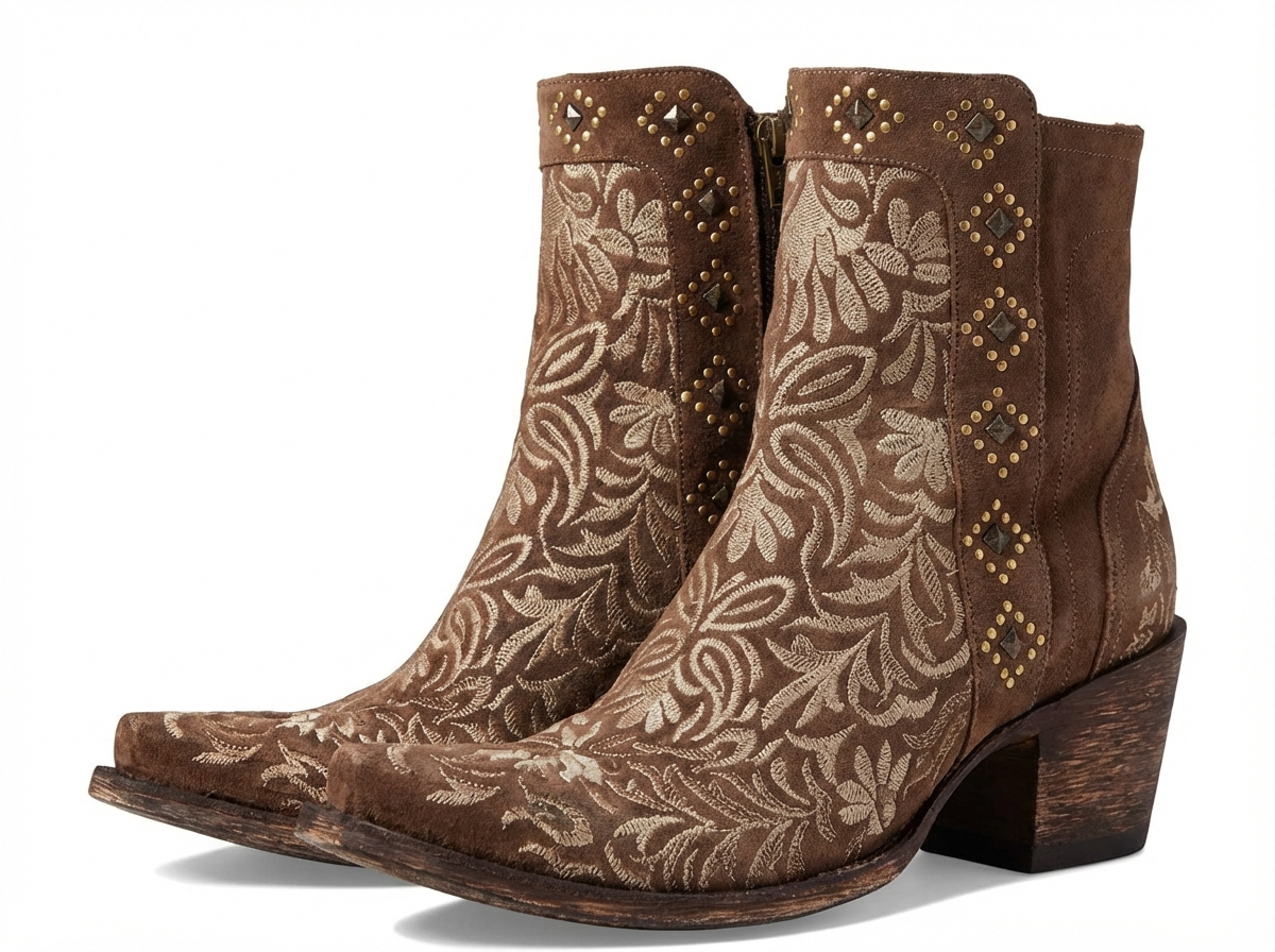 Santiag mi-haute marron Simili Cuir Femme - Broderies florales et clous métalliques élégants