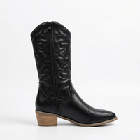 Santiag mi-haute noir Simili Cuir Femme - Broderies western et semelle bois contraste 2