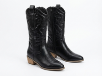 Santiag mi-haute noir Simili Cuir Femme - Broderies western et semelle bois contraste 1