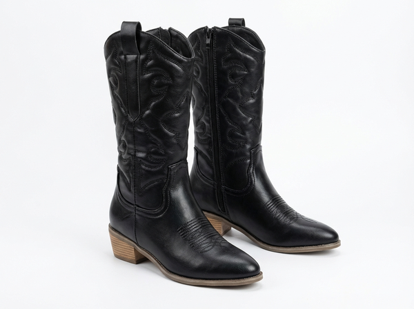 Santiag mi-haute noir Simili Cuir Femme - Broderies western et semelle bois contraste