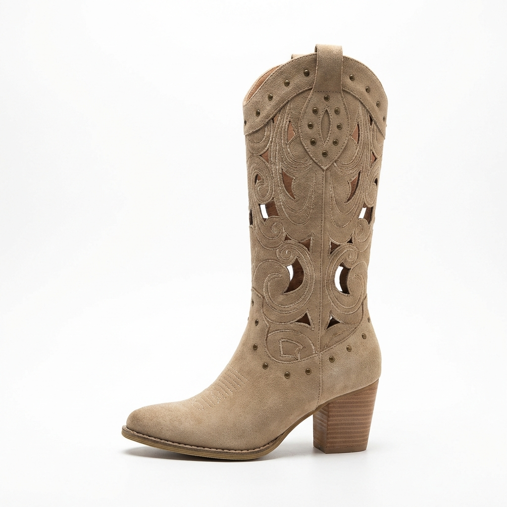 Santiag haute beige Simili Cuir Femme - Broderie western et petits clous. 2