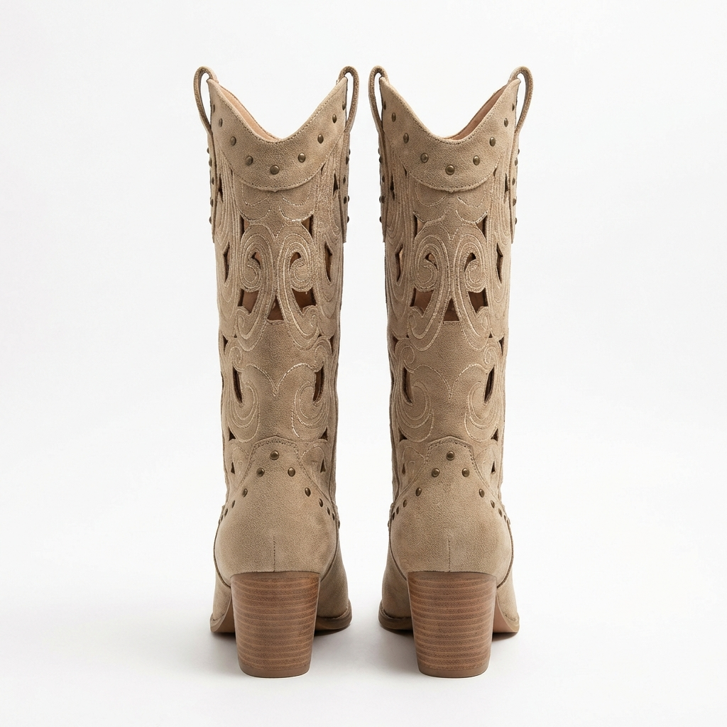 Santiag haute beige Simili Cuir Femme - Broderie western et petits clous. 3