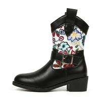 Santiag mi-haute noir Simili Cuir Femme - Broderies colorées et sangle élégante 2