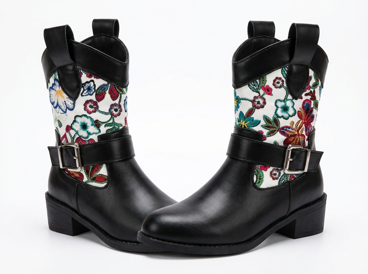 Santiag mi-haute noir Simili Cuir Femme - Broderies colorées et sangle élégante