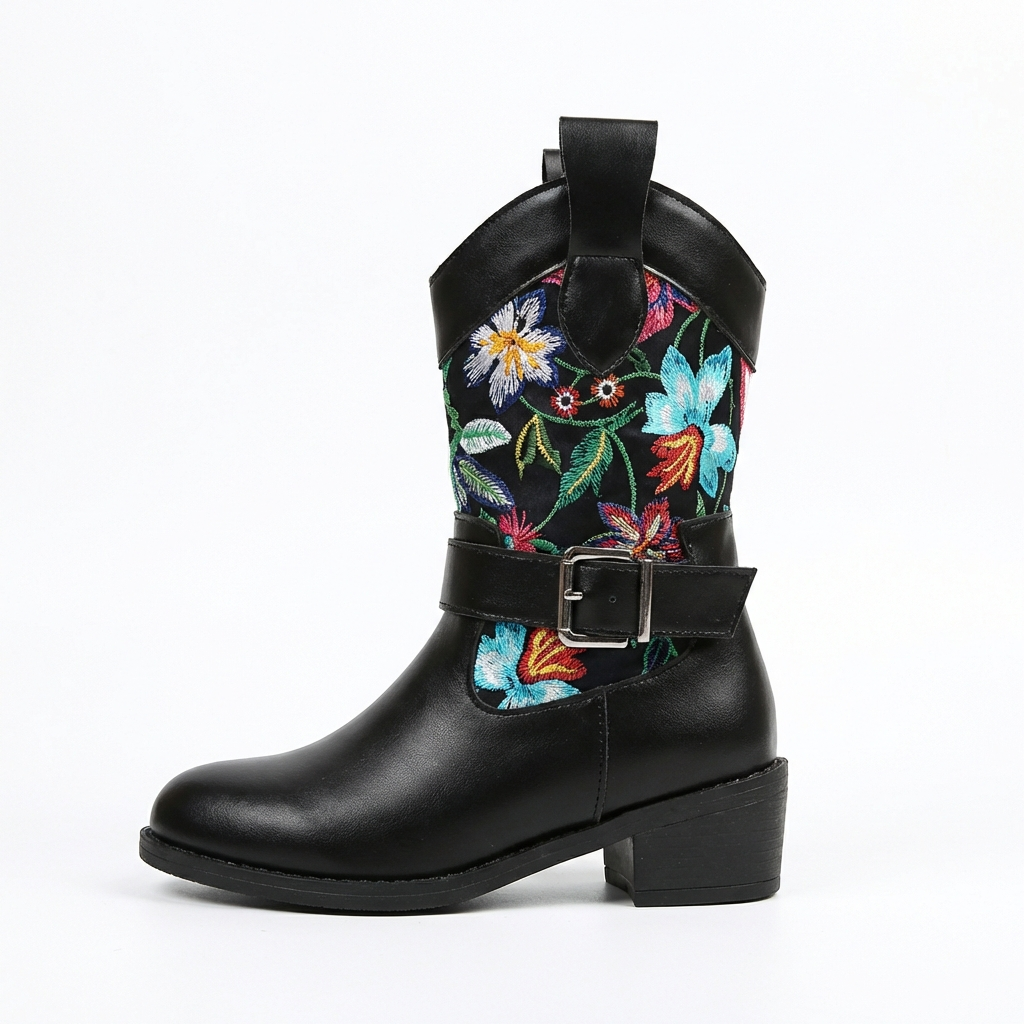 Santiag mi-haute noir Simili Cuir Femme - Broderies florales élégantes et artistiques 2